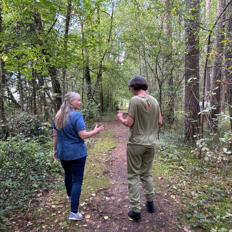 Zwei Personen Unterhalten sich und gehen auf einem Waldweg, umgeben von Bäumen und grünem Unterholz.